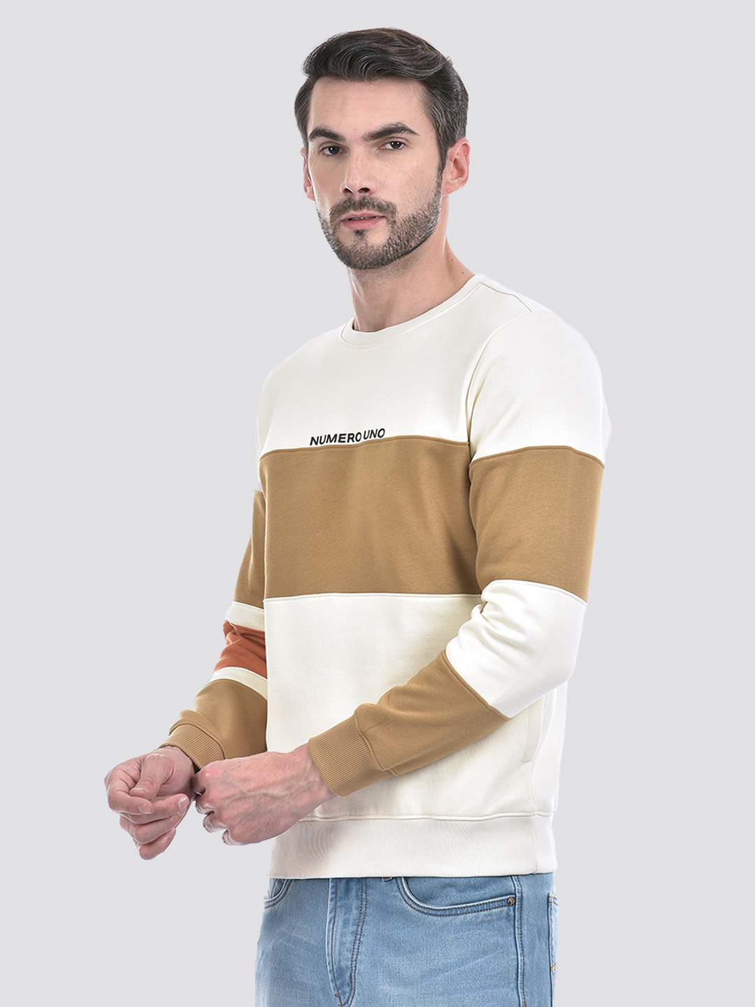 Numero Uno Men Cream Color Block Round Neck Brushed Fleece Sweatshirt